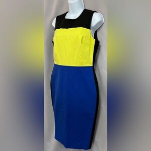 Calvin Klein Dress 10 Color block Lime Green Black Blue Sleeveless Sheath Career